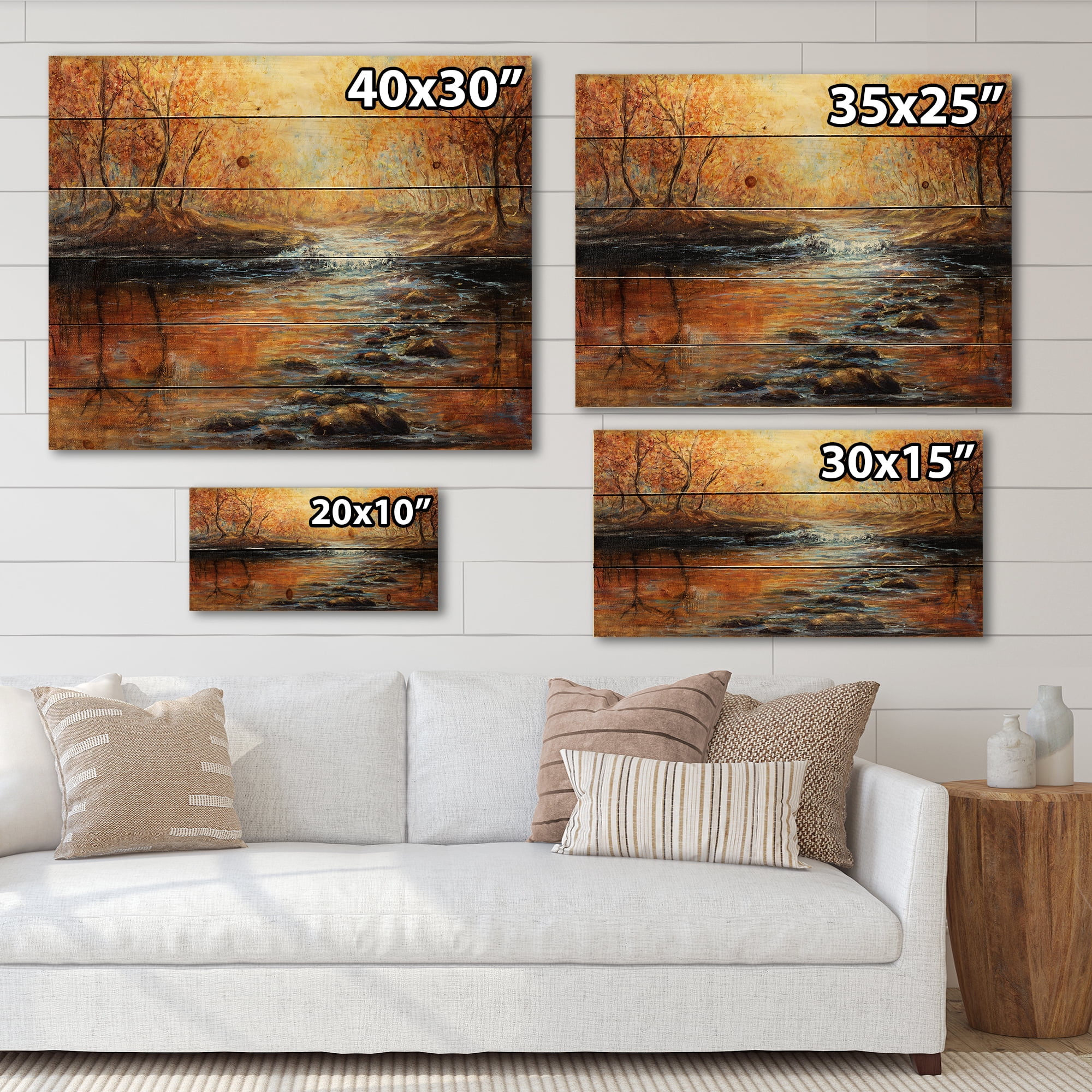 Designart 'Sunrise Glow In The Autumn Forest' Lake House Print on Natural Pine Wood