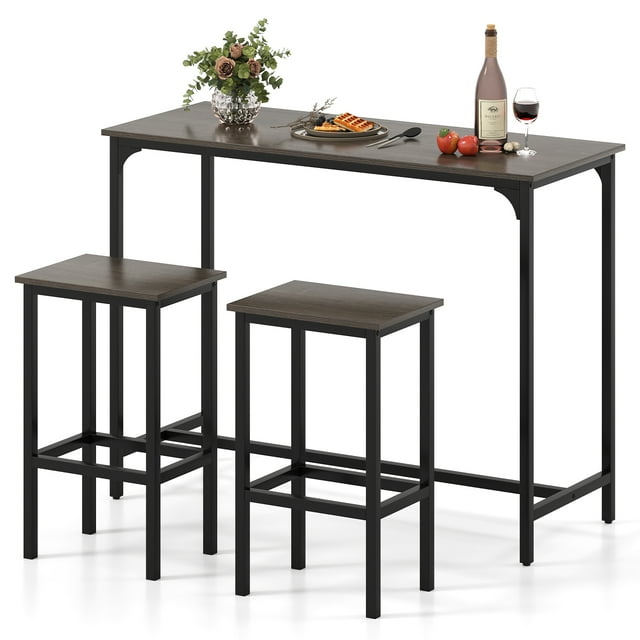 Patiojoy Ensemble de Table de Bar et Chaises, Table de Pub Rectangulaire de 47,5 Pouces avec 2 Tabourets, Ensemble de Table Hauteur Comptoir Gris