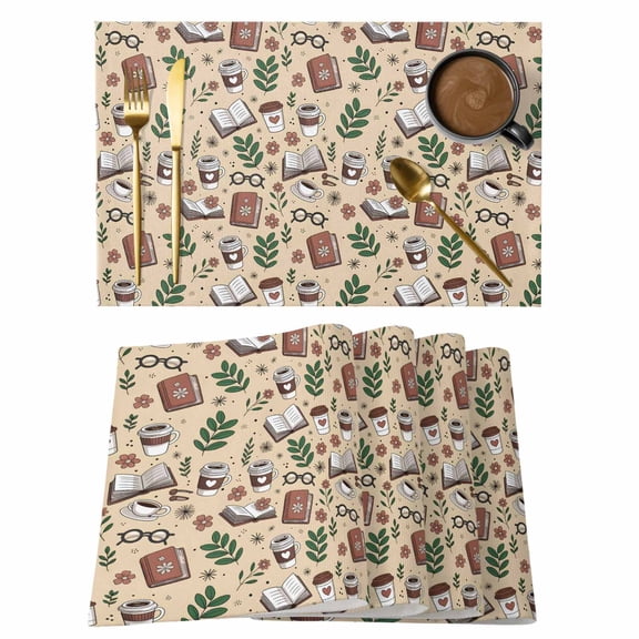 Placemats Set of 4, Tan Coffee Woven Placemat, Linen Place Mats for Kitchen/Dining Tables, Vintage Latte Cafe Books Leaves Flowers Theme Washable Table Mats for Party
