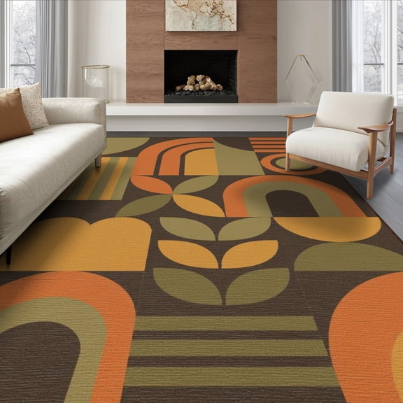 ODIKA 8'x10' Washable Area Rug Durable, Non-Slip Warm Autumn Tones Geometric and Shapes Elegant Blend of Curves Lines in Modern for Living Room, Under Sectional, Family
