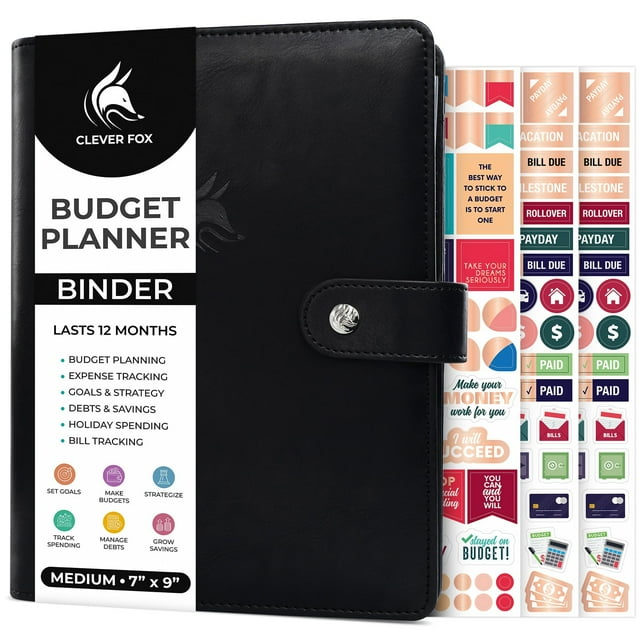 Clever Fox Budget Planner Binder – Monthly Financial Organizer Book with Pockets, Bill Tracker, Expense Tracker & Cash Envelopes – Undated Finance Journal for Budgeting – 7? x 9? (Black)