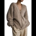 thumbnail image 2 of Cárdigan de Mujer, Suéter de Larga, Cárdigan con Botones y Cuello en V, Prenda de Punto de Moda. Caqui M, 2 of 8