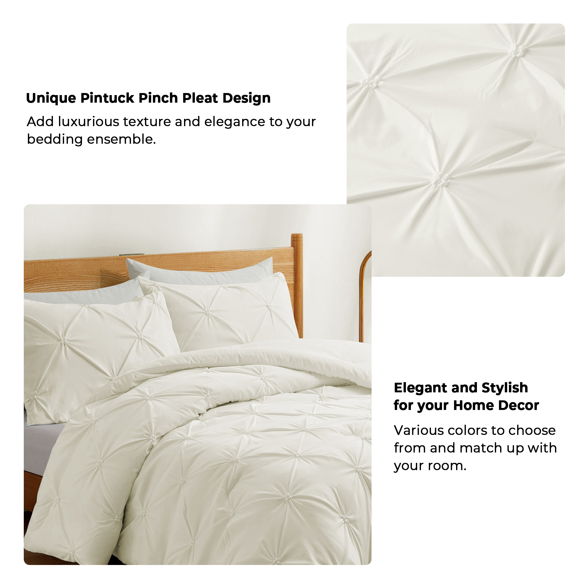 Peace Nest 3-Piece All Season Pinch Pleated Comforter Set, Cream, King - image 5 of 6