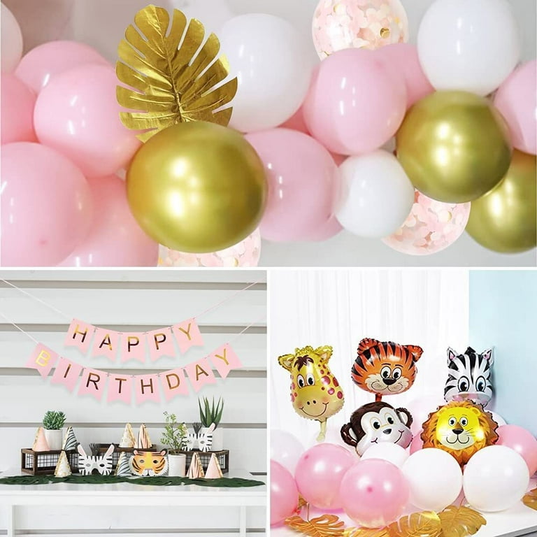 YANSION Pink White Birthday Party Decorations for Girls, 47 Pcs Pink Animal  Theme Birthday Balloons Arch Kit Jungle Safari Animals Party Balloons for  Kids 1st Birthday Baby Shower 