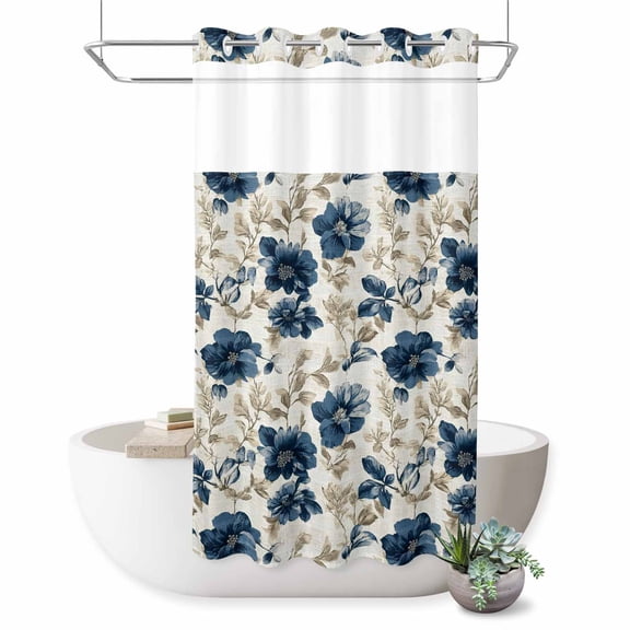 No Hook Shower Curtain, Navy Blue Beige Floral Shower Curtains for Bathroom with See Through Top Window, Vintage Farmhouse Floral Leaves Waterproof & Washable Bath Curtain Stand Up Stall 36"x72"