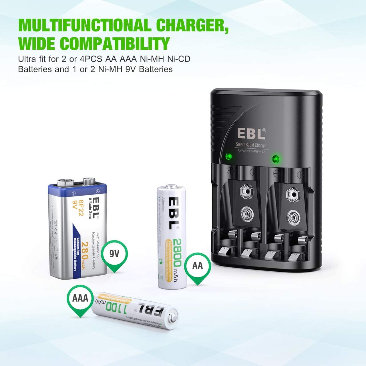 EBL Rechargeable AA Batteries 2300mAh (8 Pack) with Charger, Built-in Foldable Wall Plug, Automatic Power-Off Smart Battery Charger for AA AAA (NiMH) 9V Batteries