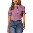 thumbnail image 1 of INSPIRAR CHIC Blusas de Verano para Mujeres de Color Sólido con Lazo en el Cuello y Mangas Cortas para Usar en el Trabajo Color Ciruela Claro XS, 1 of 6