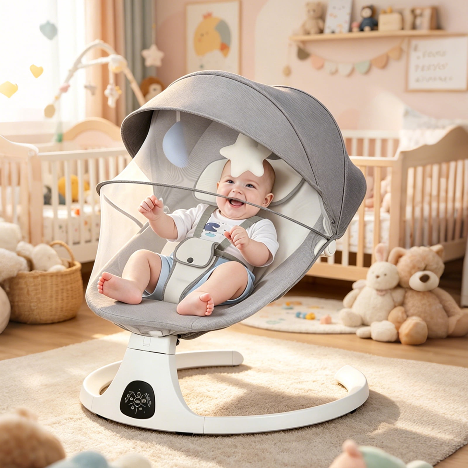 Baby Swing Infant Swing Electric Toddler Baby Rocker Portable for Newborn Boy Girl, 5 Natural Motion Speeds with Remote Control, Preset Melodies, Timer and Bluetooth, 0 - 12 Months Max 20 Lbs (GREY)