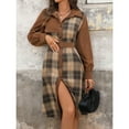 thumbnail image 4 of Fall Dress for Women Trendy Patchwork Corduroy Plaid Shirt Dress with Belt Long Sleeve Business Casual Midi Dresses (XL, Brown), 4 of 7