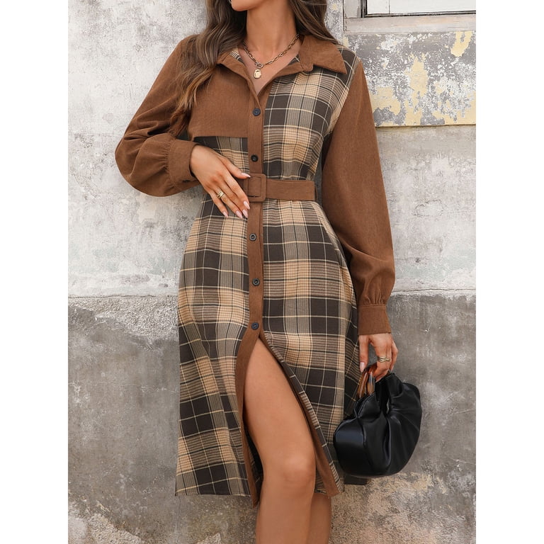 princess polly baby blue dress Kinrui Women's Corduroy Midi Dress Long Sleeve Button Down Belted Flowy  Shirt Dress Plaid Color Block Long Overall Dresses Brown,XL
