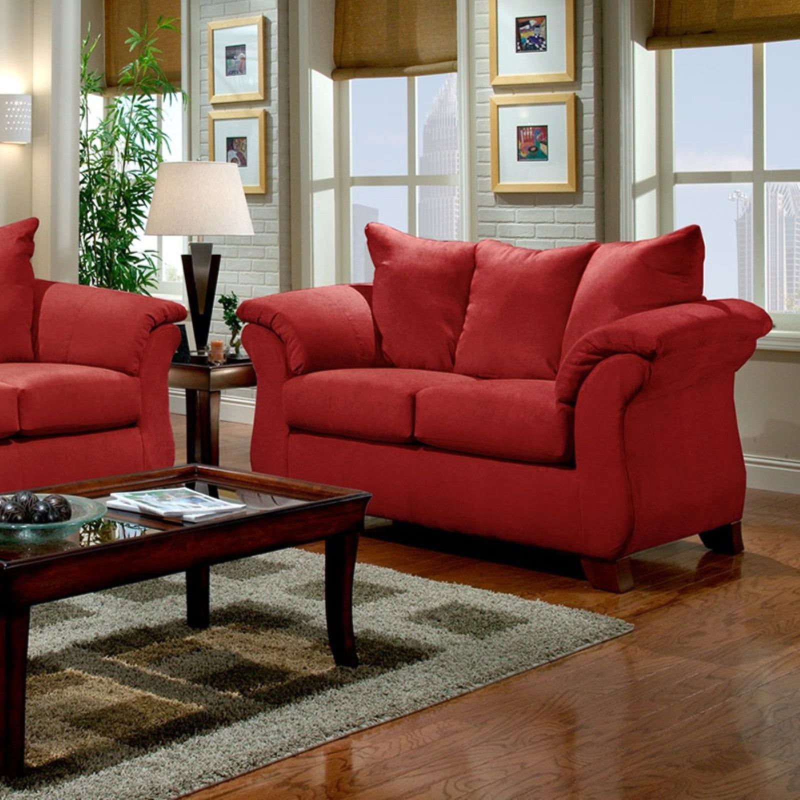 Roundhill Furniture Sensations Microfiber Pillow Back Loveseat, Red