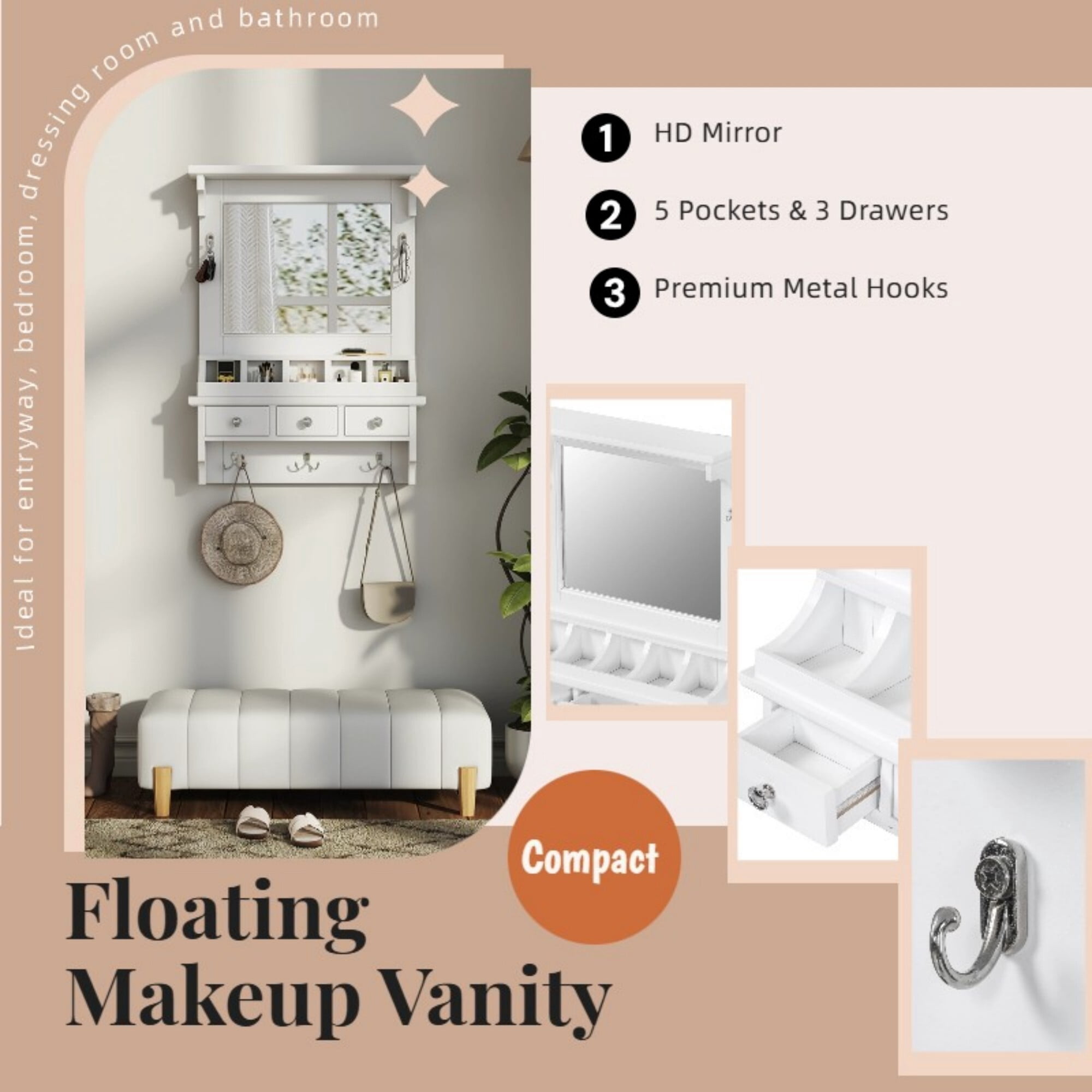 AENKYO Floating Makeup Vanity with Mirror & Drawers | Wall-Mounted Organizer for Bathroom & Bedroom, White