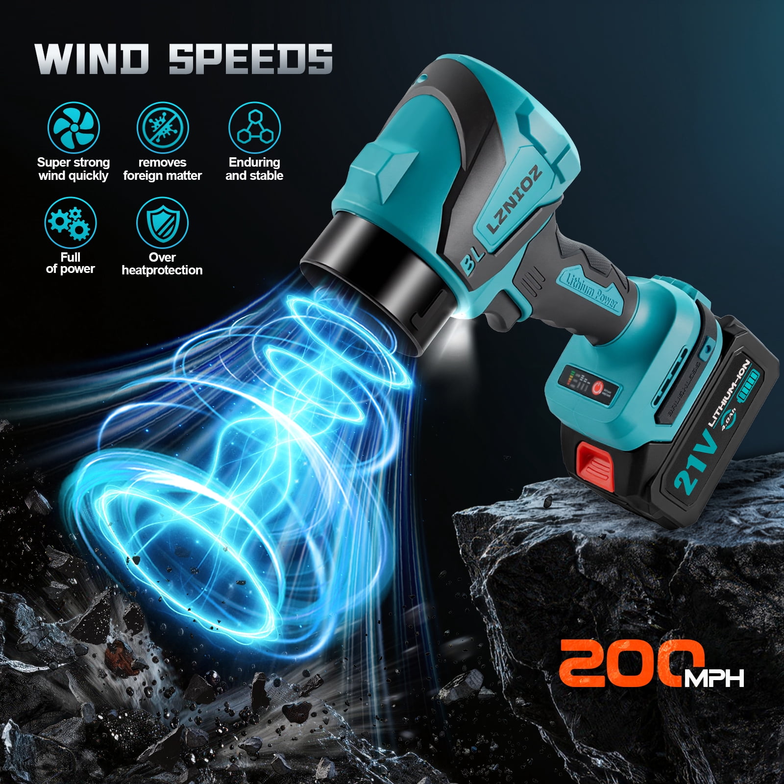 LZNIOZ 200 MPH 500 CFM 21V Battery Powered Handheld Leaf Blower and Vacuum Brushless Leaf Blower with 2 x 4.0Ah Batteries and Charger