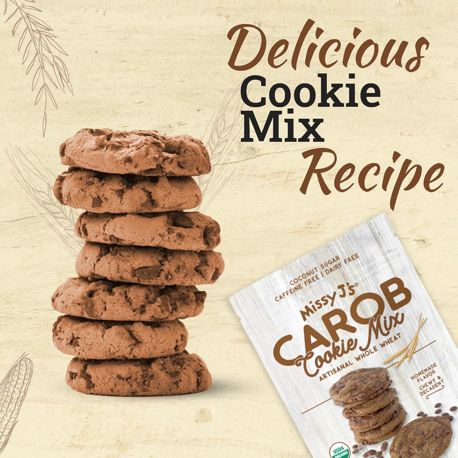 Missy J’s Organic Carob Whole Wheat Cookie Mix, Vegan Healthy Low Calorie Snacks 12 oz 3 Pack