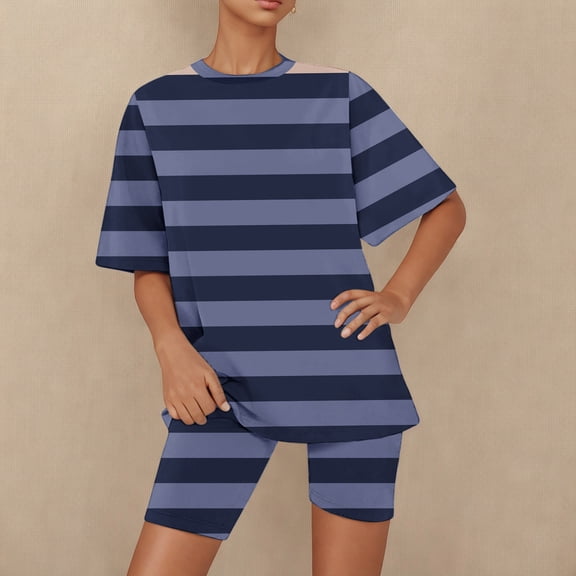 Women's Tops Womens Two Piece Lounge Sets Casual Summer Outfits 2 Piece Short Matching Clothing Set Ndbuld Navy L