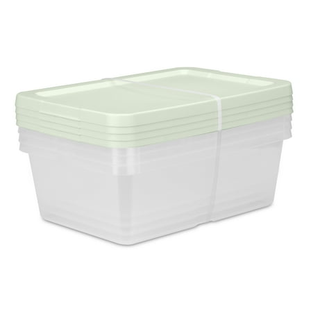 Sterilite Set of (4) 12 Quart Storage Boxes, Clear Plastic Storage Bin with Snap-on Lid, Light Green