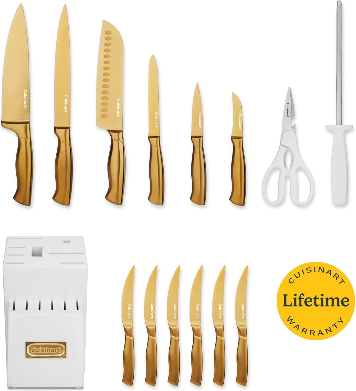 Cuisinart Professional Block Knife Set, 15pc Cutlery Knife Set with Steel Blades for Precise Cutting, Lightweight, Stainless Steel, Durable & Dishwasher Safe (White/Gold)