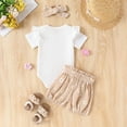 thumbnail image 6 of Hpapadks Baby Girl Outfits Summer Ribbed Short Sleeve Solid Romper Flowers Print Shorts Headband Baby Girl Clothes Brown 3-6 Months, 6 of 6