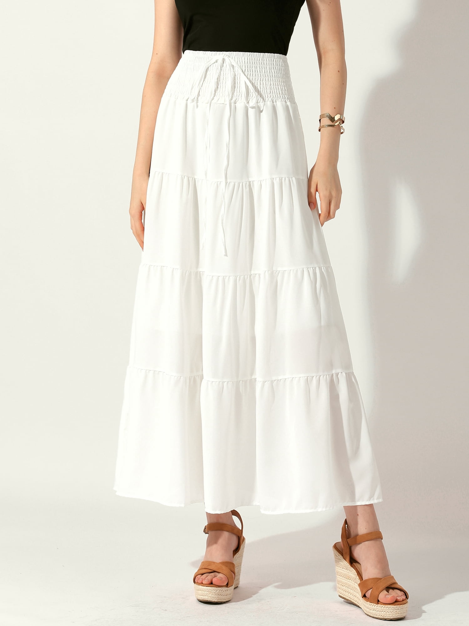 DARING DIVA Women Elastic Waist Tiered Smocked Flowy Maxi Skirt XL White