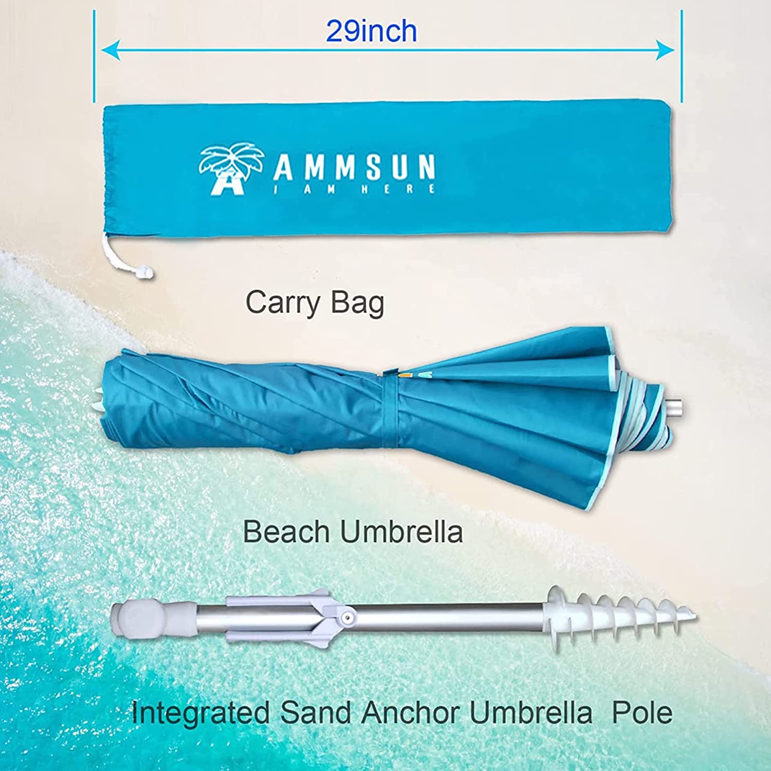 AMMSUN 6.5ft Twice Folded Portable Travel Beach Umbrella with Sand Anchor UPF50+ Protection,Sky Blue