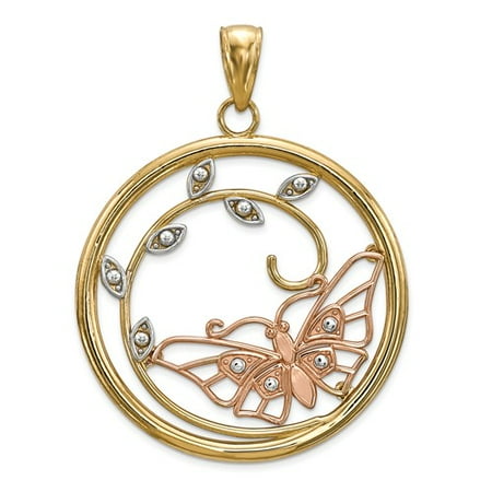14k Yellow & Rose Gold w/ Rhodium Butterfly in Circle Pendant