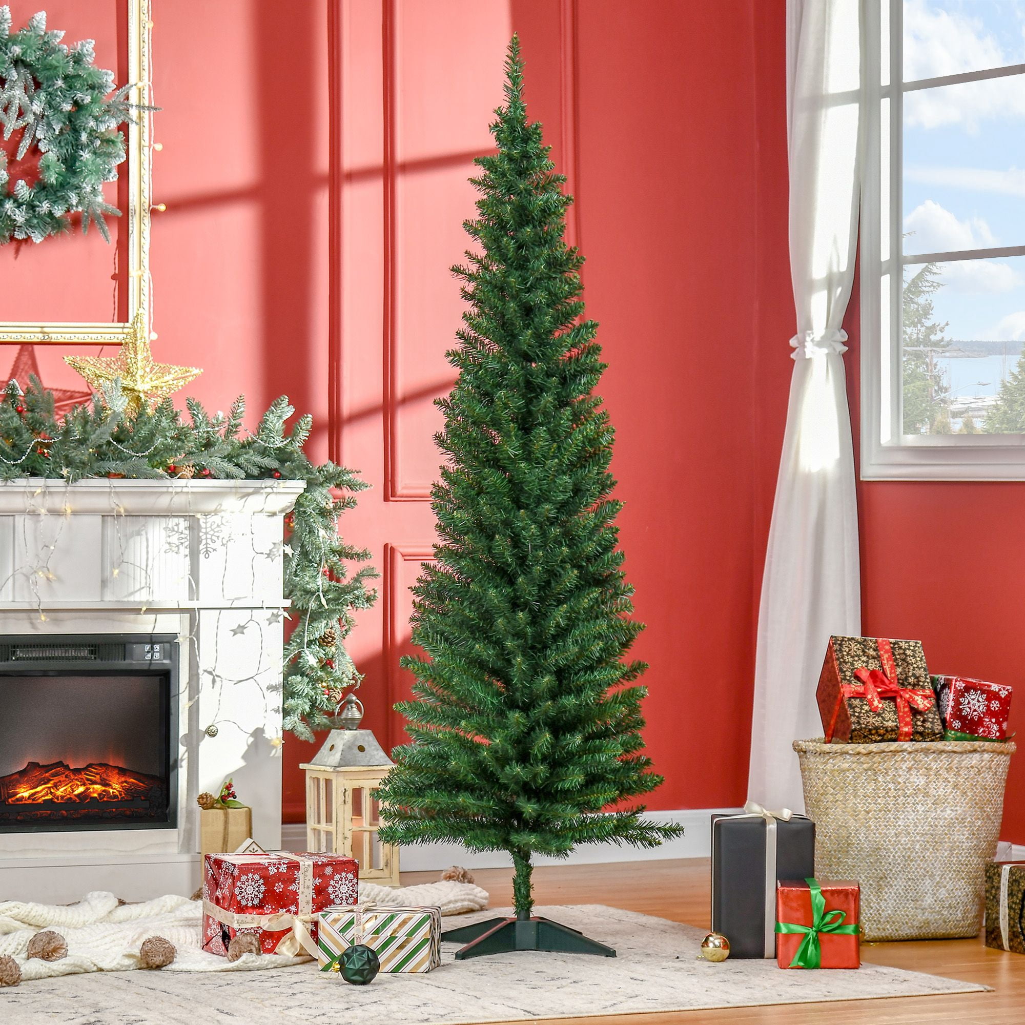 6Ft Pencil Christmas Tree, PVC Hinged Unlit Slim Artificial Christmas Tree for Home Party Holiday Decoration