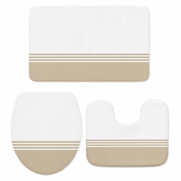 Beige White Striped Bath Mat 3 Piece Bathroom Rug Set, Modern Abstract Art Aesthetics Non Slip Bath Rug Contour Mat and Toilet Lid Cover, Absorbent Shower Mats Soft Bath Rugs and Mats Sets