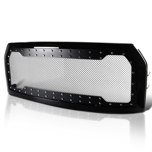 Spec-D Tuning Polished Black Mesh Rivet Bumper Hood Grille w/ Shell Compatible with 2015-2017 Ford F-150