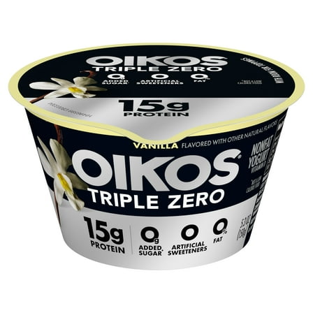Oikos Triple Zero 15g Protein, 0g Added Sugar, Fat Free Vanilla Greek Yogurt Cup, 5.3 oz