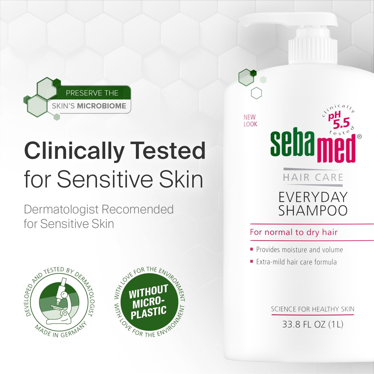 seba med Everyday Shampoo for All Hair Types and Sensitive Scalp 33.8 Fl. Oz (1L) Hypoallergenic Dermatologist Recommended pH 5.5 Soap and Alkali
