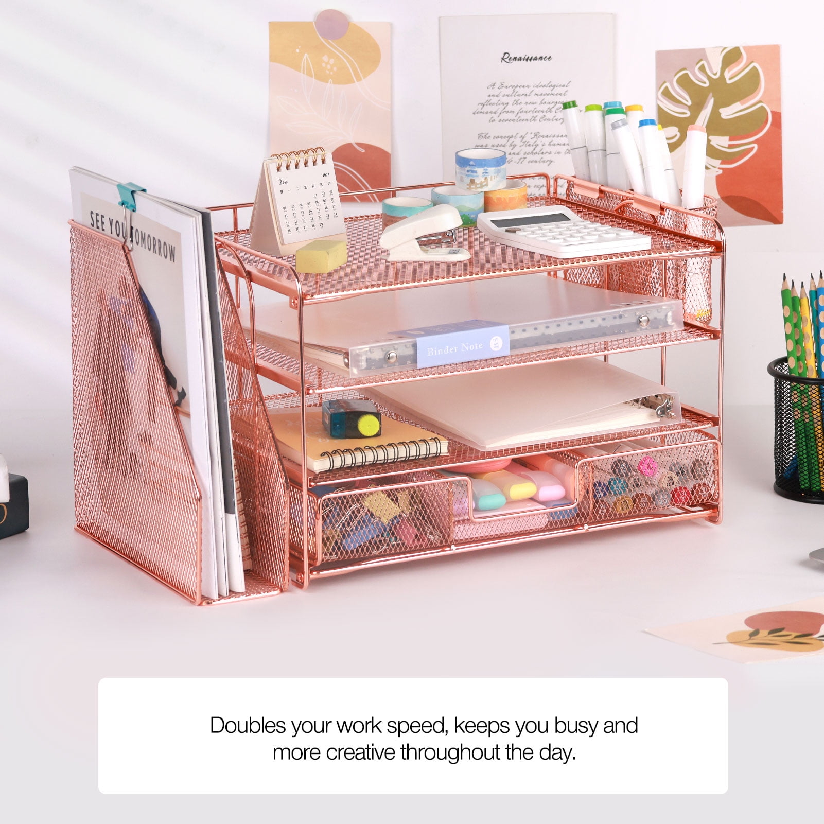 Livhil Desktop Organizer 4-Tier Desk Organizers Sets and Storage, File Organizers for Desk Drawer Organizer, Paper Organizer for Desk (Rose Gold)