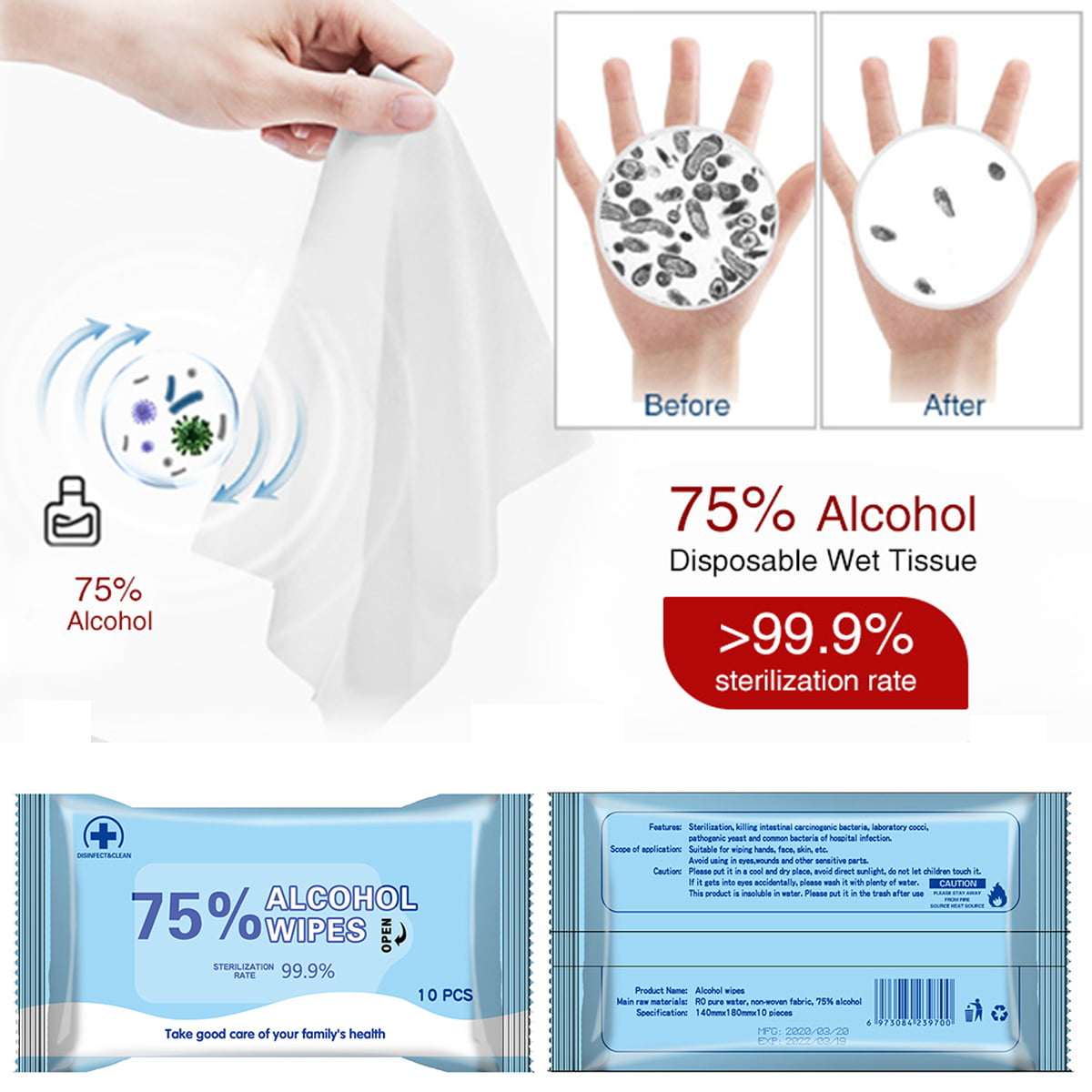 Cleaning Wipes,Disposable Wipes 80 Sheet Portable 75% Portable Hand Wipes Family Travel,Outdoor,Kitchen,Hand Skin Cleaning Care and Daily Use for Baby Kids Adult 