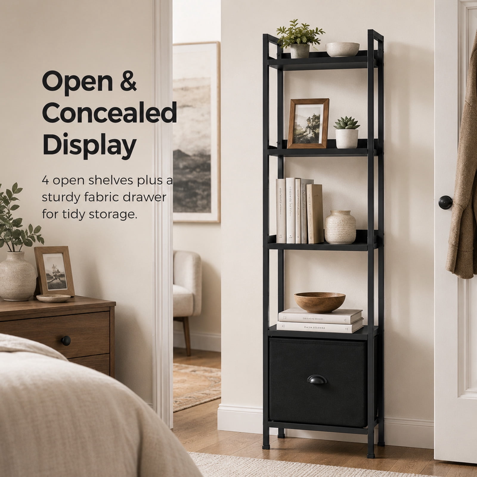 Alvantor 5-Tier Bookshelf, Industrial Bookcase with Drawer, Space-Saving Storage Bookcase for Bedroom, Living Room & Home Office