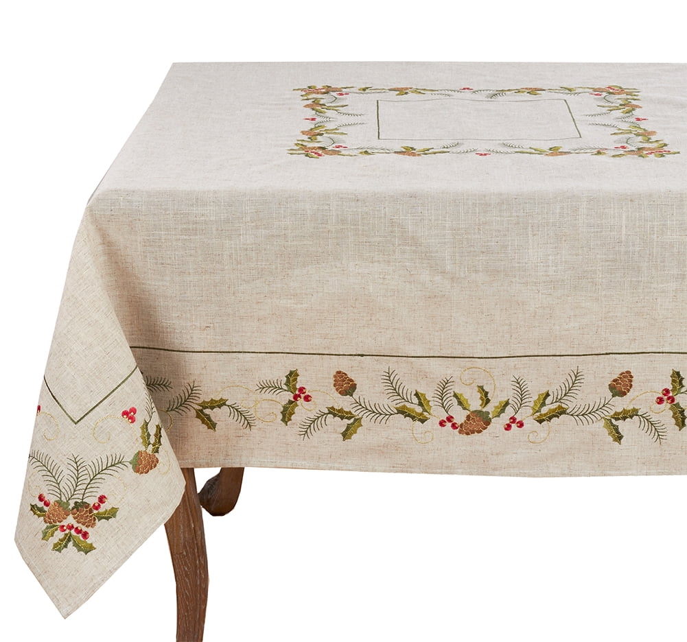 Holiday Embroidered Pinecone and Holly Poly-Linen Natural Tablecloth ...