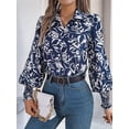 thumbnail image 6 of Women'S Floral Blouses Dressy Casual V Neck Button Down Shirts Lantern Long Sleeve Boho Chiffon Tops 2025 Dark Blue L, 6 of 8