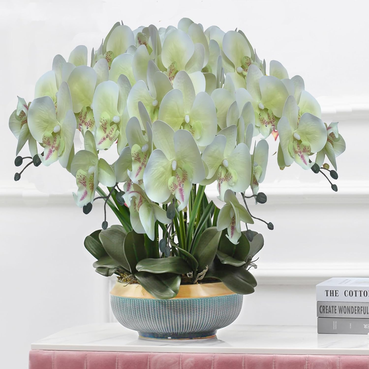 3Artificial Phalaenopsis Flowers with Leaves Artificial Orchid Flowers Stem Plants Fake Butterfly Phalaenopsis Flowers for Home Wedding Party Décor (Yellow)