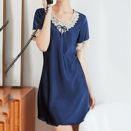 

Silk Pajamas Women s Summer Ice Silk Pajamas Short Sleeved Nightdress Women s Summer Home Service Women Nightgowns & Sleepshirts Navy M