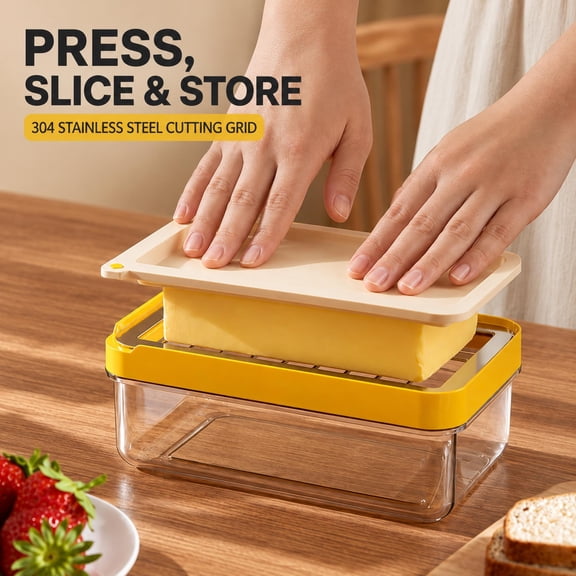 Butter Dish with Cheese Slicer and Magnetic Knife, 304 Stainless Steel Cutting Grid, Storage Container, 8 oz Capacity, Yellow