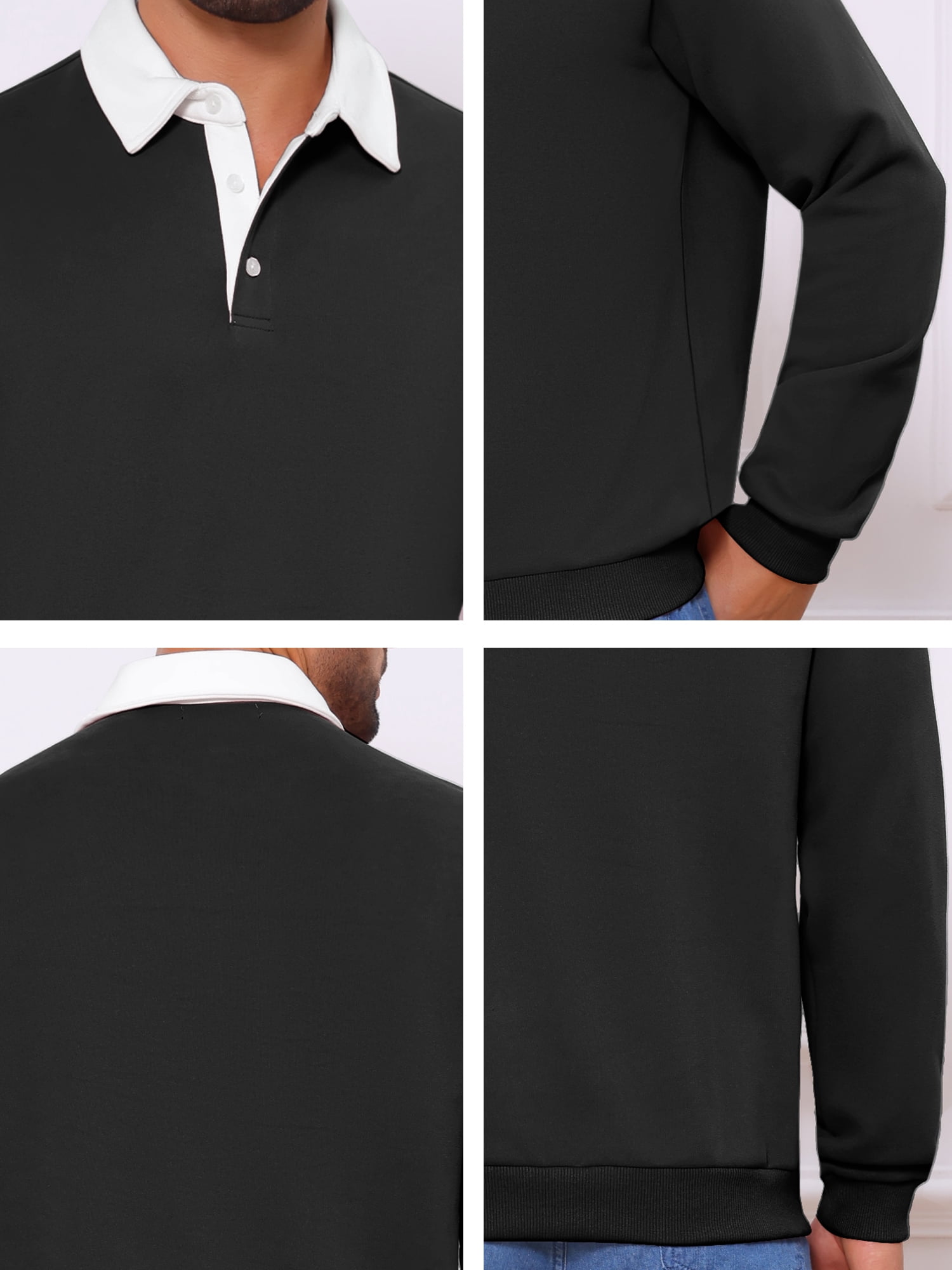 DARING DIVA Men's Contrast Collared Long Sleeves Pullover Polo Sweatshirt S Black