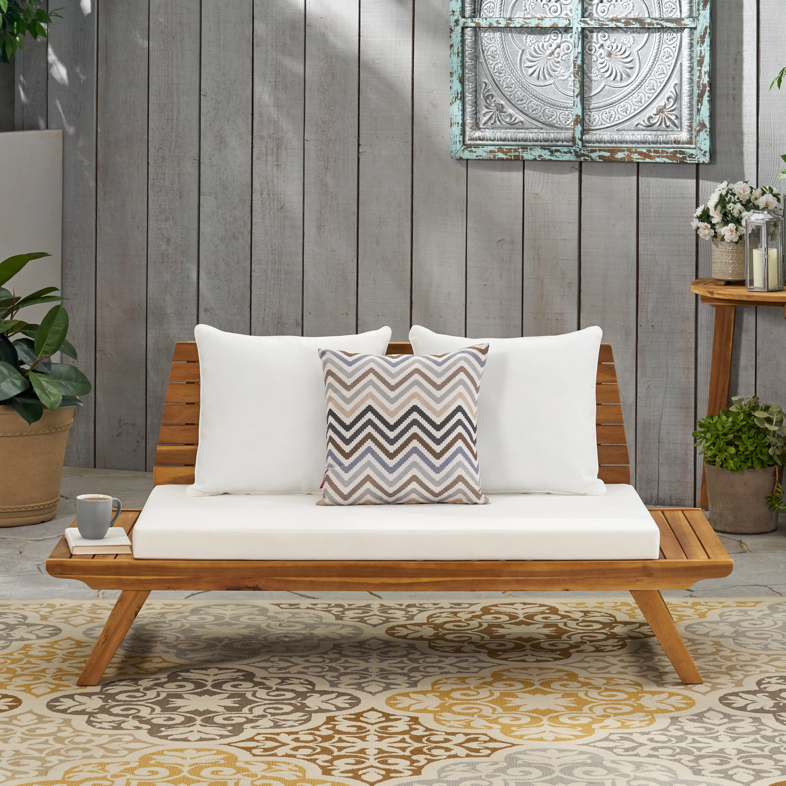 Ledger Outdoor Wooden Loveseat with Cushions, White and Teak
