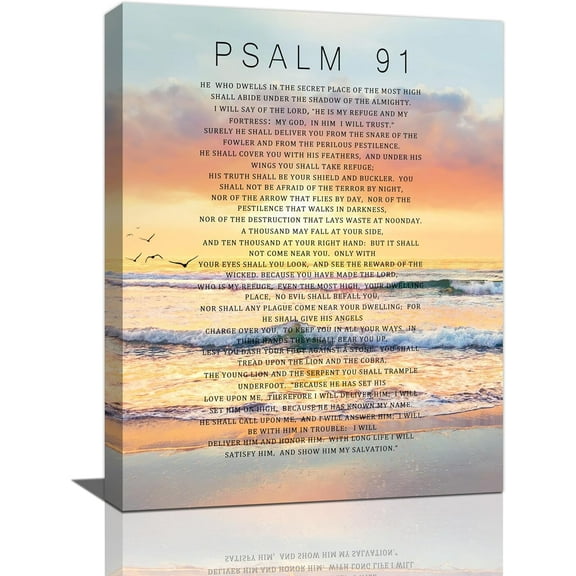 Psalm 91 Wall Art Bible Verse Wall Decor Beach Ocean Sunset Pictures Canvas Prints Christian Psalms Scriptures Painting Framed Artwork for Bedroom Living Room Bathroom Church 12"x16"