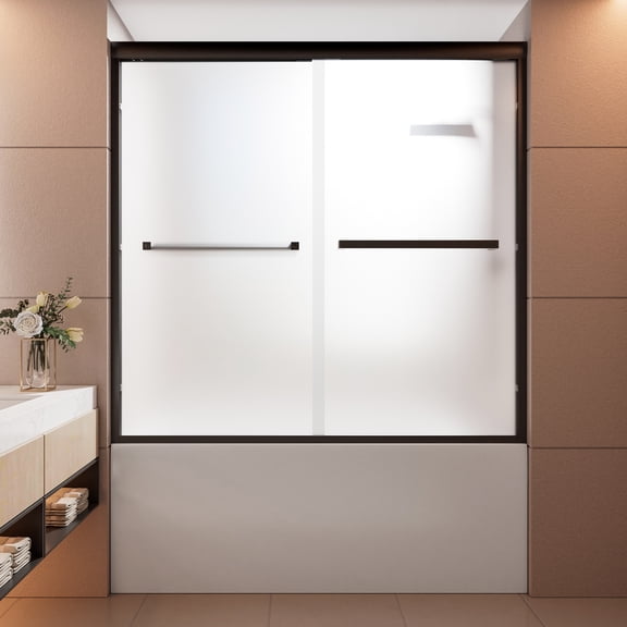 60" x 58" Double Sliding Bathtub Door, 1/4" (6mm) Tempered Frosted Glass, Aluminum Frame, Stainless Steel Handles, Matte Black