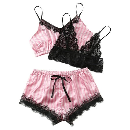

KDDYLITQ Women Cami Top and Shorts Panty Soft Nightwear Loungewear Pajama Set 3 Piece PJ Sets Lace Sleepwear Pink S
