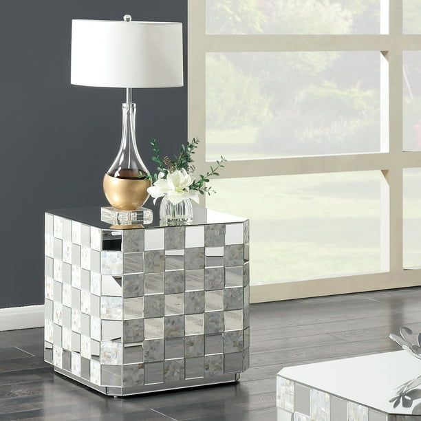 Furniture of America Poppen Mirrored Cube End Table, Silver