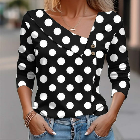 Goodtrade8 Long Sleeve Shirts for Women Polka Dot Lapel V-Neck Long Sleeve Casual Women Tops
