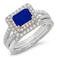 thumbnail image 3 of 3.05ct Brilliant Emerald Cut Simulated Blue Sapphire 18K White/Rose Gold Halo Solitaire with Accents Bridal Set SZ 3.75, 3 of 5