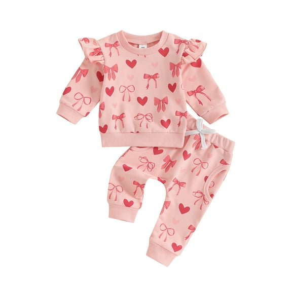 Toddler Baby Girl Valentines Day Outfit Bow Heart Print Ruffle Long Sleeve Sweatshirts Tops and Pants Spring Clothes Set