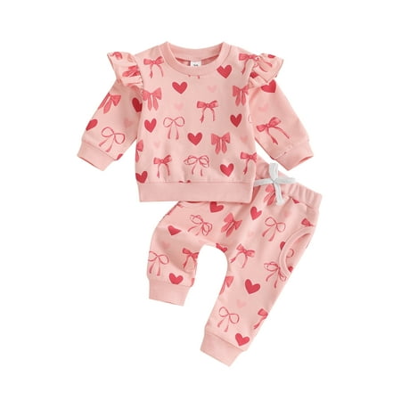 Licupiee Infant Toddler Baby Girl Valentine  s Day Outfits Long Sleeve Heart Sweatshirt Pants 2Pcs Spring Fall Clothes 0-3t