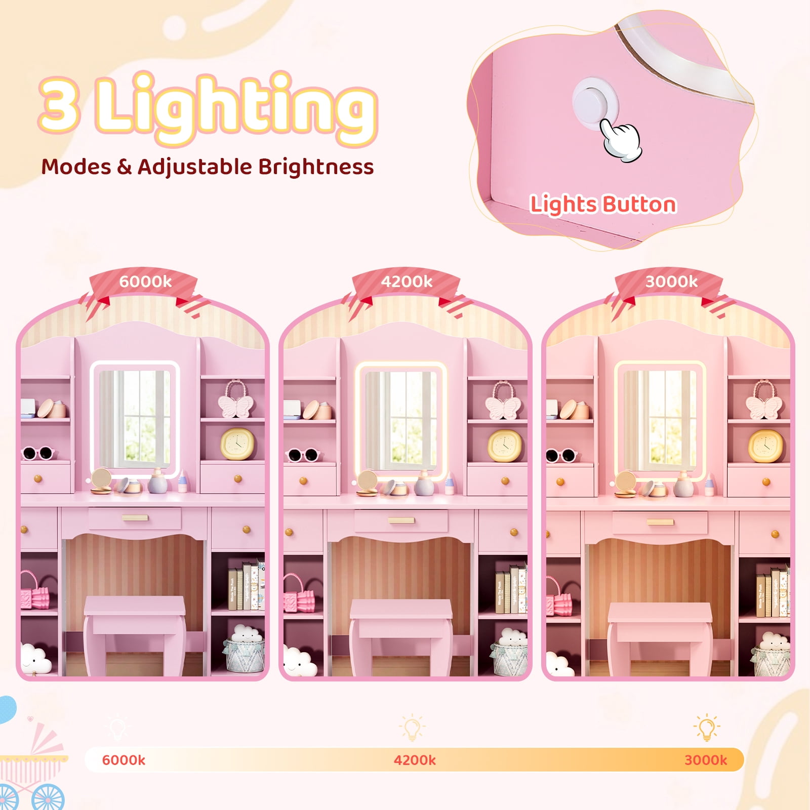 Pirecart Kids Vanity Set, Children Dressing Table and Chair with Mirror Drawer, 3 Color Lights, Large Storage, Detachable Shelf, Pink