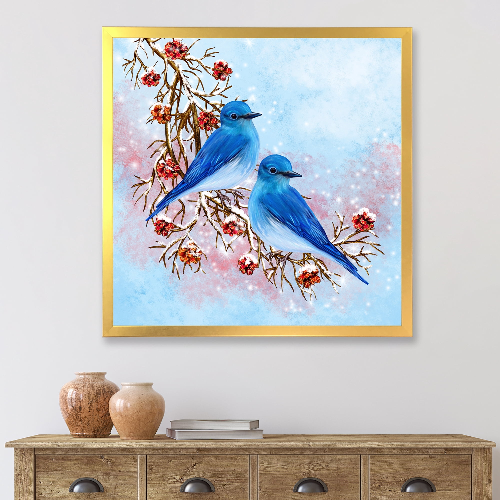 Designart 'Two Blue Birds Sitting On A Branch With Berries In Winter' Traditional Framed Art Print